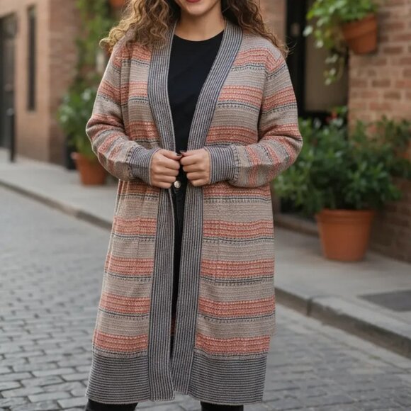 Sparrow Multicolor Long Length Cardigan Boho Beige Striped FALL Comfy Casual - Picture 1 of 7